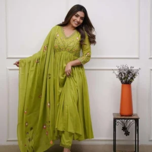 Women's Cotton Embroidered Long Anarkali Kurti with pant and Dupatta Set