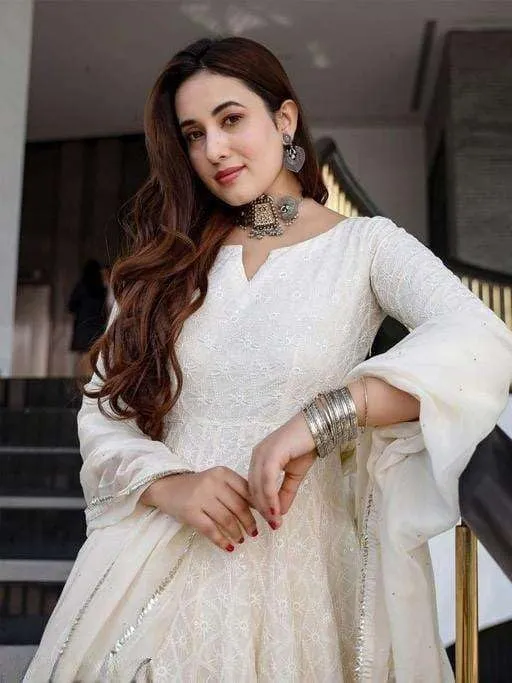 Women's Cotton Chikankari Long Anarkali Kurti With Dupatta (White) - Image 2