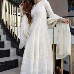Women's Cotton Chikankari Long Anarkali Kurti With Dupatta (White)