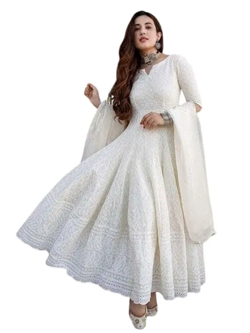 Women's Cotton Chikankari Long Anarkali Kurti With Dupatta (White) - Image 3